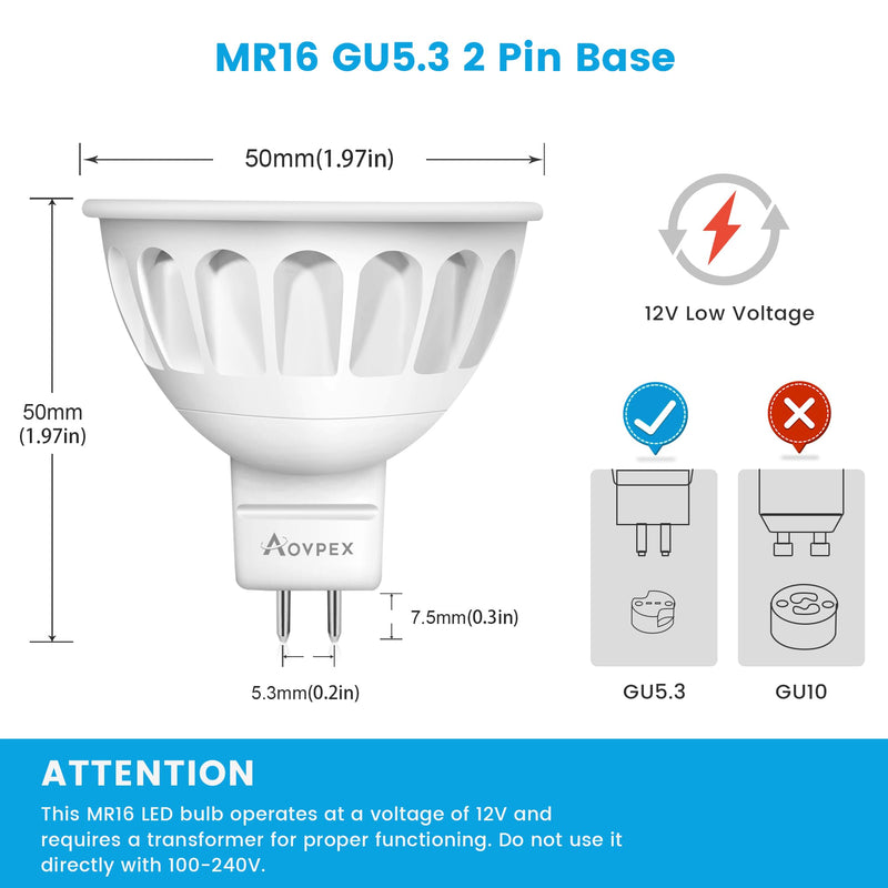 10 Pack Dimmable MR16 LED Bulbs, 12V 5W(50-Watt Equivalent), 3000K Warm White, GU5.3 Bi-Pin Base, 40-Degree, Indoor/Outdoor Landscape Spotlight Track Recessed Lighting 10 Count