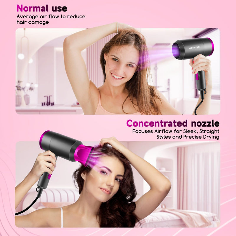 Aigostar Foldable Ionic Hair Dryer 1800W, Portable Travel Blow Dryer with Concentrator & Storage Bag, 2 Heat Settings & Cool Shot, Compact Lightweight Hairdryer for Home, Gym & Holiday - Diane Grey/Rose Pink(foldable)