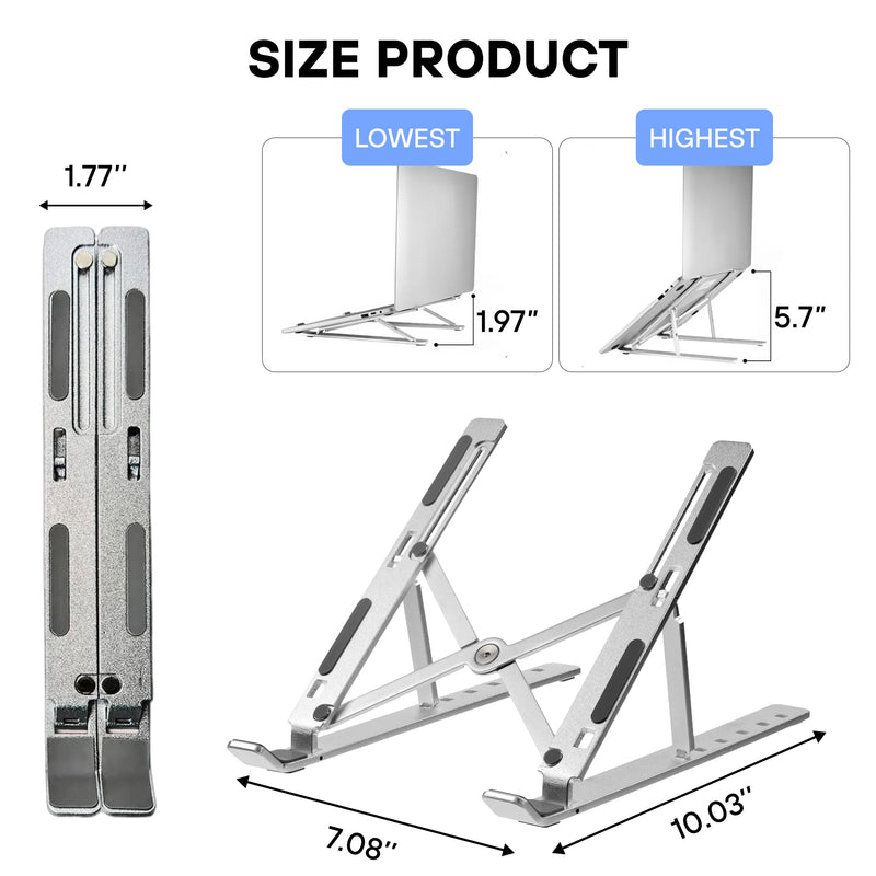 Adjustable Laptop Stand – Ergonomic Aluminum Riser for Desk, Fits 9"-15.6" Laptops Foldable, Portable, Ventilated, Sturdy, Anti-Slip, Ideal for Home & Office