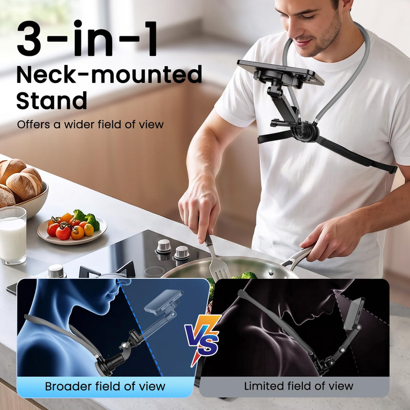Magnetic Neck Mount for Phones, Neck Camera Mount for GoPro Insta360, Gray | 2-in-1 Magnetic & Clip-on Neck Phone Holder, Multi-angle Adjustment for Hands-free POV Shooting, with Chest Strap & 1/4" Head