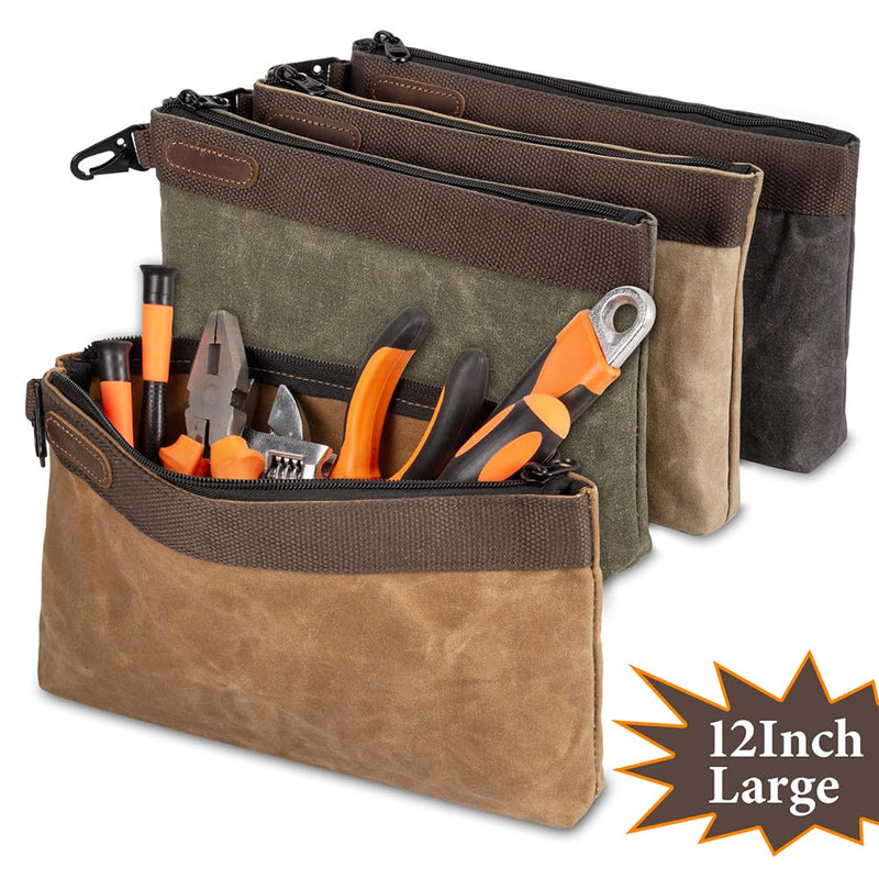 Waxed Canvas Tool Pouches 4 Pack – 11-Inch Heavy-Duty Zipper Tool Bags Set, Waterproof Utility Storage Pouches for Tools, Cables, Gear & Supplies – Rugged Tool Organizer Bags | Heavy Duty Zipper, Waterproof, Utility Organizer, Rugged Storage