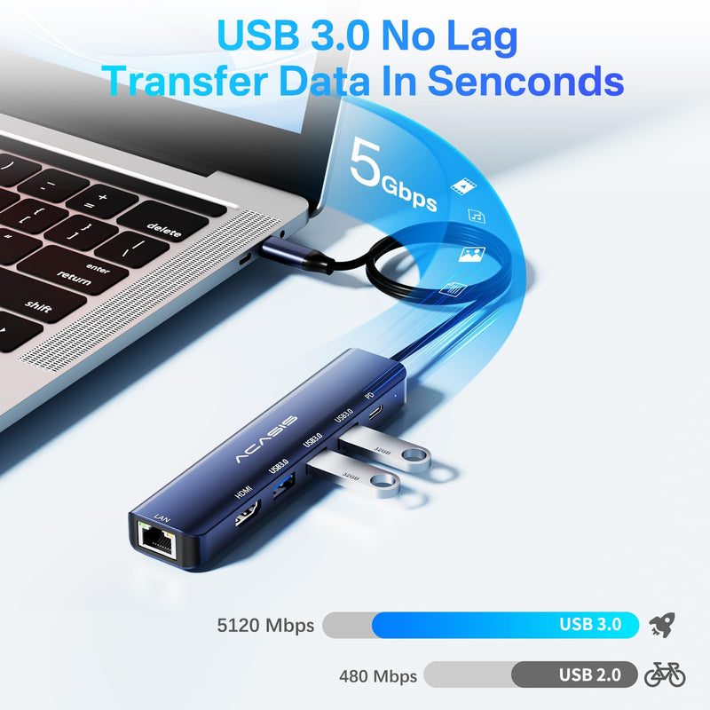 USB C Hub, ACASIS 6 in 1 USB Hub 3.3FT Long Cable, 4k@60Hz HDMI, 1 Gbps Ethernet, 3 USB 3.0, PD 100W, USB C Adapter for iPhone 15/ MAC/Dell/Acer/HP/Asus/Steam Card Sets