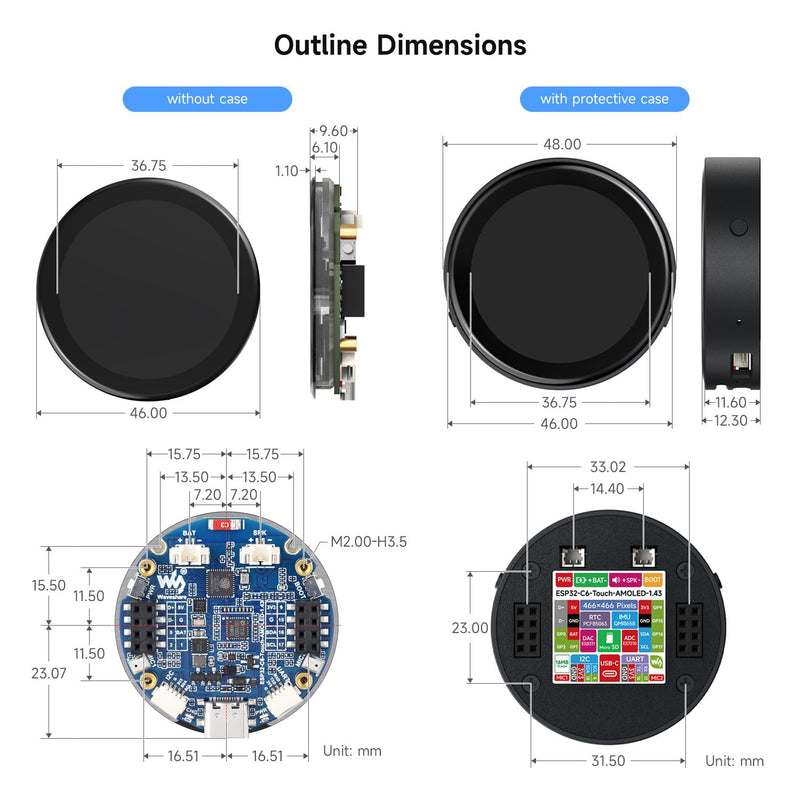 Waveshare ESP32-C6 1.43inch AMOLED Touch Round Display Development Board, 466×466 Pixels, 160MHz RISC-V Processor, QSPI Interface, Dual Digital Microphone Array, with Enclosure