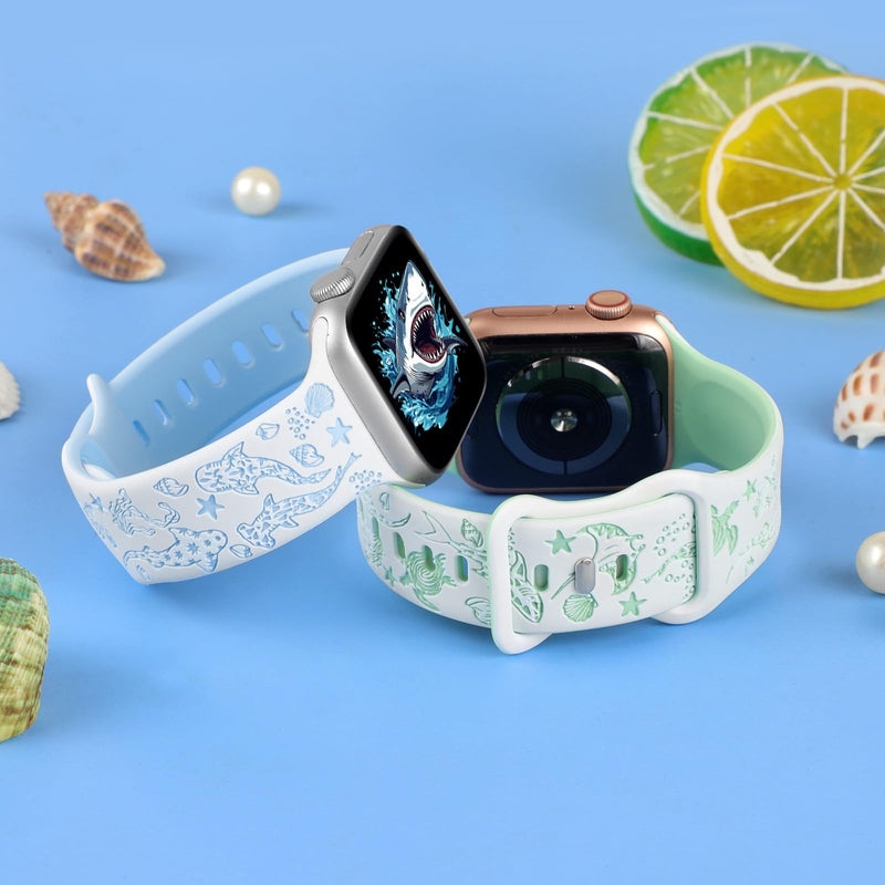 Engraved Shark Double Color Silicone Band Compatible with Apple Watch 38mm 40mm 41mm 42mm 44mm 45mm 46mm 49mm Cute Fancy Laser Sport Strap Compatible for iWatch Series SE Ultra 11 10 9 8 7 6 5 4 3 2 1 White/Blue 38mm/40mm/41mm/42mm(Series 11 10)