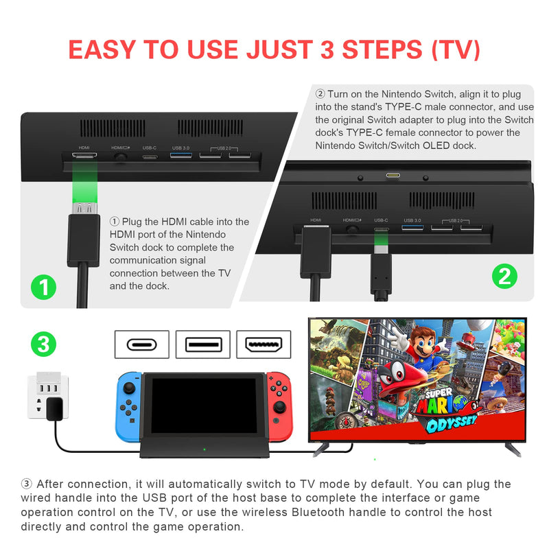 TV Docking Station for Switch, Replacement for Official Dock, Supports 4K HDMI Output with HDMI Cable and 15V/2.6A USB-C Charger Dock with Adapter and HDMI