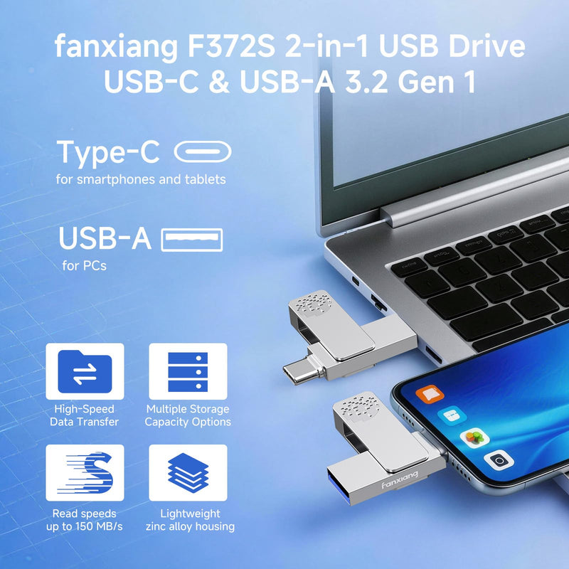fanxiang F372S 64GB USB Flash Drive, Dual USB Type-C & USB-A, USB 3.2 Gen 1 Up to 150MB/s, Water-Resistant Zinc Alloy Metal Thumb Drive, Memory Stick for iPhone 15/16/17 Series, Android, PC, Mac