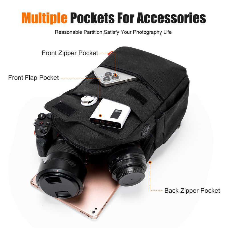 Cwatcun Large Camera Sling Bag, Crossbody Chest Bag with Tripod Holder | Fits 1body+2lenses +9.7"iPad +6.7"phone.Travel Photography Bag for Canon, Nikon, Sony, Fuji DSLR/SLR/Mirrorless Cameras, Lens Black