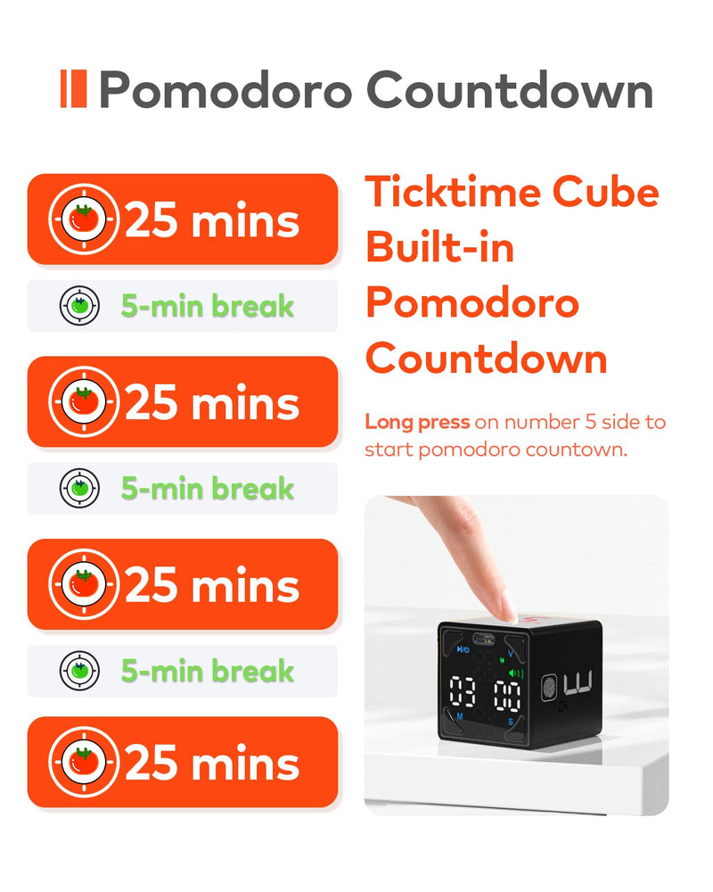 Pomodoro Timer Cube, Productivity Timer, Pause & Resume, Silent, Vibrate & Adjustable Sound Alert, for ADHD, Task, Work, Study, 1/3/5/10/15/25/45/60min & Custom Countdown, Black