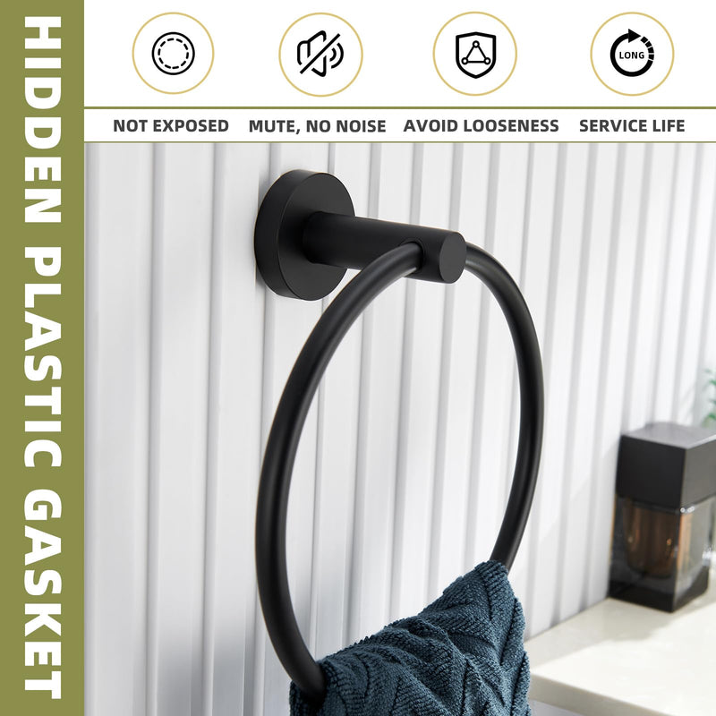 APLusee Matte Black 2 Pieces Bath Accessories Set, Hand Towel Ring and Toilet Paper Holder, Stainless Steel Bathroom Hardware, Wall Mounted Matte Black Round Shape