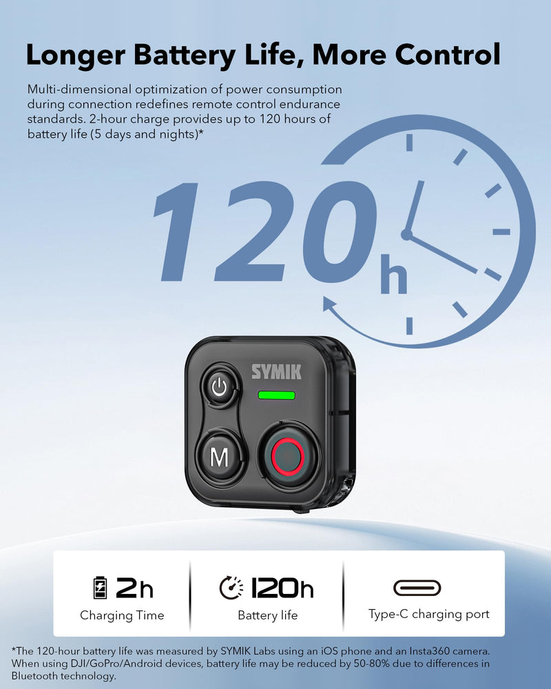 SYMIK Remote Control for Insta360, Bluetooth Remote for GoPro and DJI | Universal Shutter Remote Control for DJI Action Camera & Phone, Splash Resistance, Rechargeable, 230ft Range, 120-H Battery