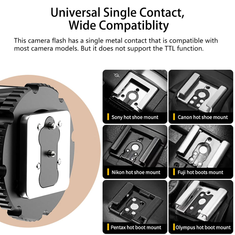 Camera Flash Speedlite for Canon Nikon Sony Fuji Pentax Olympus, with Continuous LED Light, Single Contact Hot Shoe, 4 Power Levels