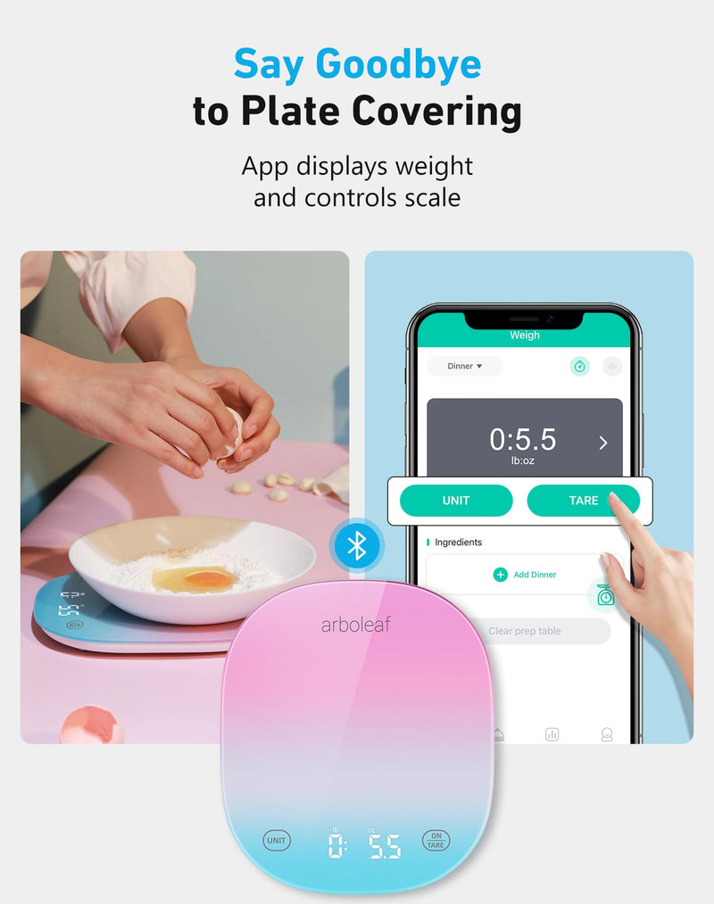 arboleaf Food Scale Rechargeable, Food Scales Digital Weight Grams and oz, Kitchen Scales Digital Weight, Smart Baking Measuring Food Scales for Kitchen Gift, Weight Loss, 0.1oz/0.5g, 22lbs/10kg Colour