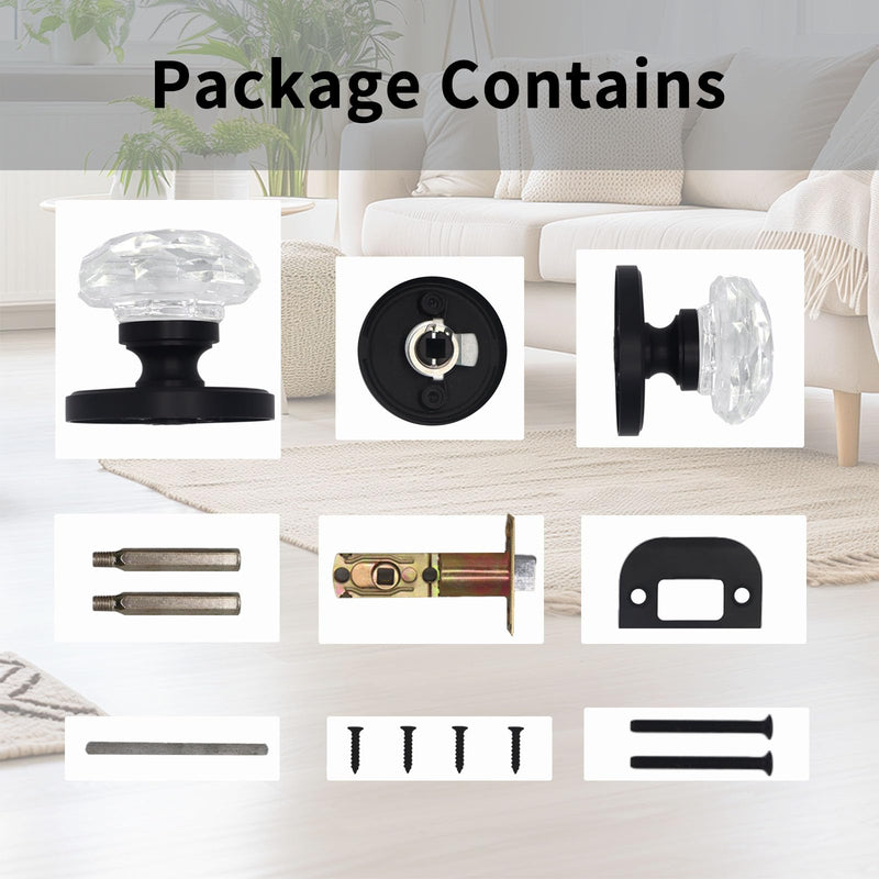 Crystal Door Knobs 1 Pack, Passage Glass Door Handles Interior Levers Black Antique Clear for Bedroom Study Laundry Room Entrance Hall, Stain Decorative