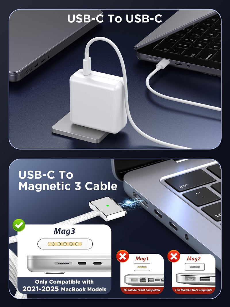 140W Charger for MacBook Pro 16 14 inch Mac Air 15 13 inch | Compatible with Mac M1 M2 M3 M4 M5 Chips (2021-2026)【Original Quality】PD3.1 GaN Fast Charger, 6.6FT Dual Cables Included