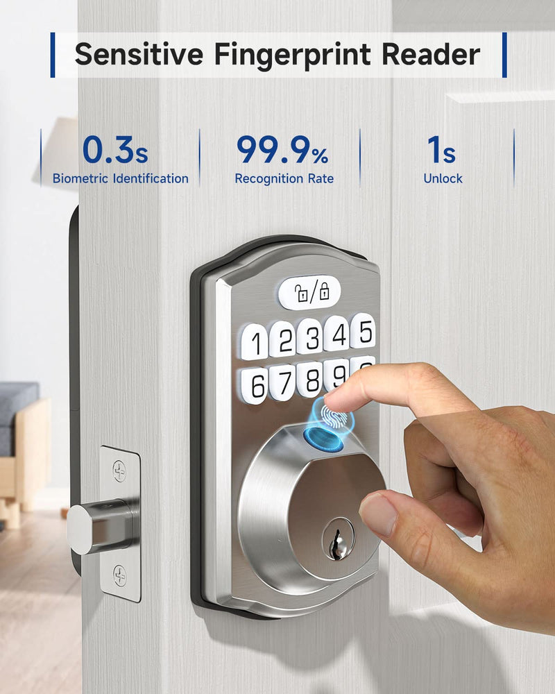 HOSOM Smart Fingerprint Deadbolt for Front Door, Electronic Keypad Entry Door Lock-20 User Codes, Anti Peeking, Auto Lock, Satin Nickel