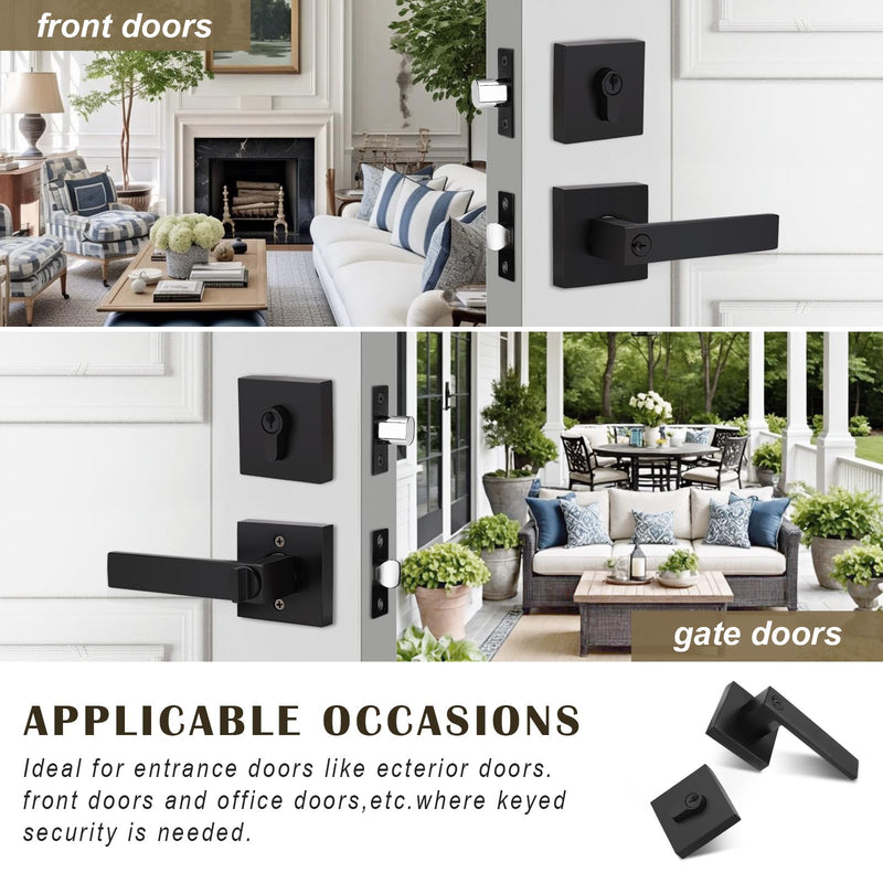 1 Pack Flat Black Square Entry Levers Locksets and Double Cylinder Deadbolts Combination Set, Heavy Duty Front Door Office Entrance Levers, Keyed Alike(All Same Keys) 1 Pack Modern Light Black