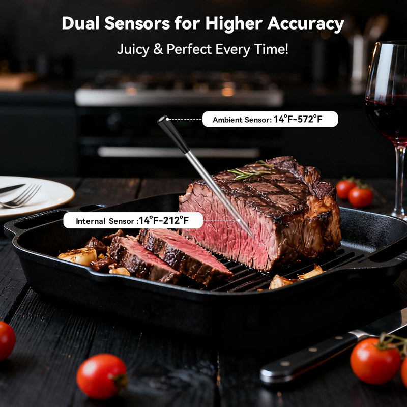 Smart Wireless Meat Thermometer Digital, 2 Probes, Advanced Bluetooth Food Thermometer for Cooking, IP67, Real-Time Monitoring & Smart Alerts with APP for BBQ, Grill, Oven, Smoker, Kitchen Gifts Black