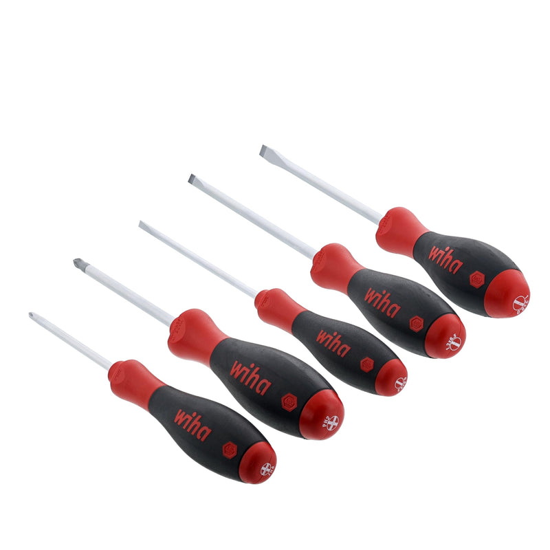 Wiha 30277 SoftFinish Screwdriver Set, 5 Piece, Slotted & Phillips, Cushion Grip Handles, Chrome Finish 5 Piece SoftFinish Slotted and Phillips Screwdriver Set