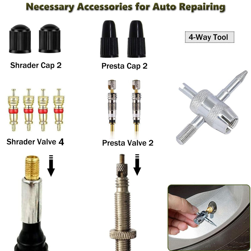 Lucstar Tire Valve Stem Removal Tool Kit, R134A R12 A/C Schrader Valve Stem Core Remover Tool for Car Bicycle Tyre RV Truck, 4 Schrader/Presta Valve Caps, 6Pcs Valve Core, 3 Automotive Tools Wrench A-13