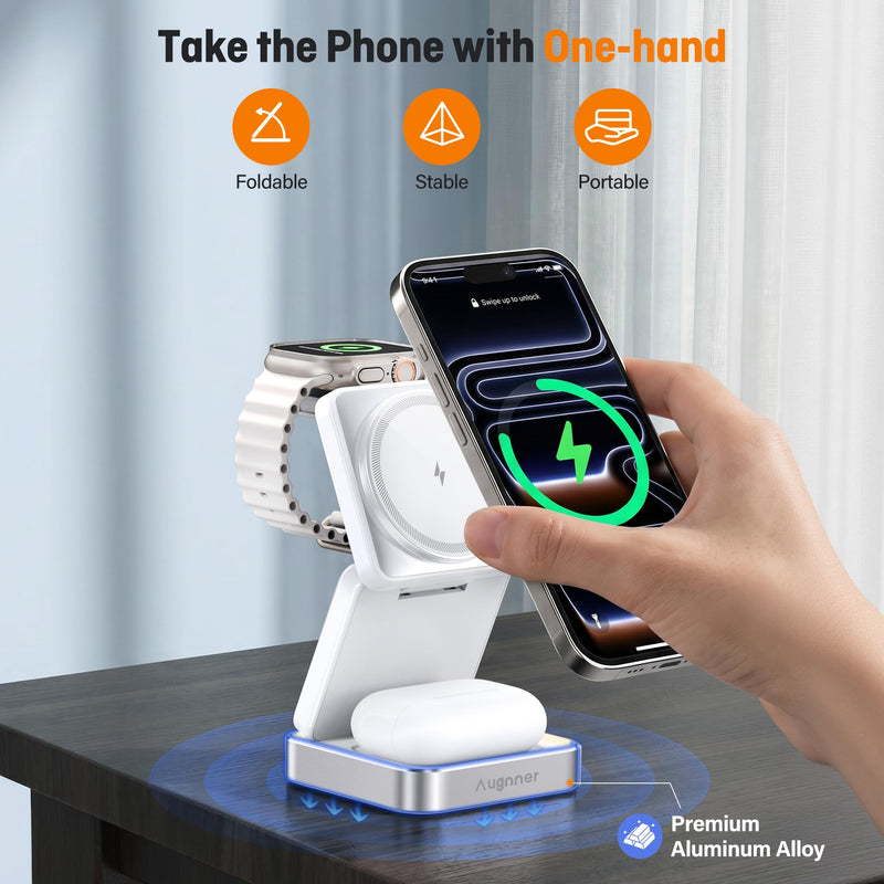 Augnner 25W 3-in-1 Charging Station for Apple Device, White Foldable Magnetic Wireless Charger, Fast Travel Charging Stand for iPhone17/16/15/14/13/12 Series, Apple Watch/AirPods