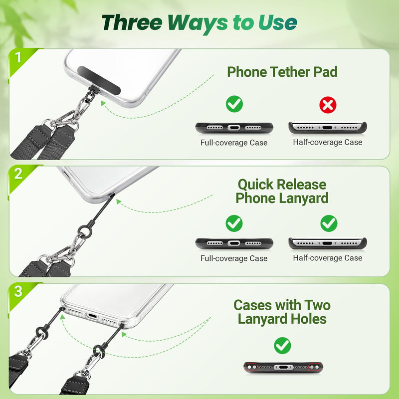 Multifunctional Phone Lanyard, 3 in 1 Cell Phone Detachable Adjustable Crossbody Strap & Neck Lanyard & Wrist Lanyard with 2x Tether Tab for Most Smartphones, Outdoor Travel Essential Black Blackx1