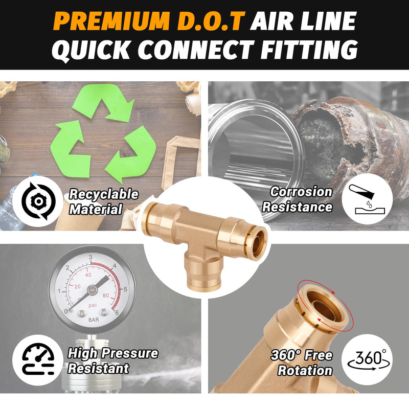 1/4" Tee Union Push to Connect Fittings， 4PCS DOT Approved Air Fittings Brass Air Brake Line Fittings，Quick Push in Union Fittings for Trucks Trailers Industrial Workshops 1/4 Inch DOT Union Tee