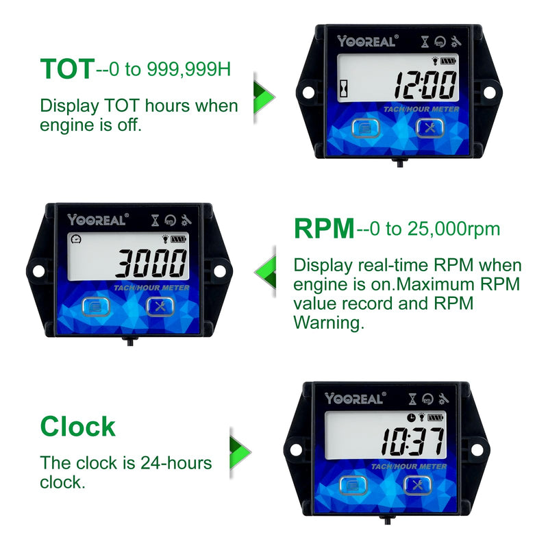 YOOREAL Digital Tachometer Hour Meter Maintenance Reminder with Clips Backlight Replaceable Battery Waterproof for Lawn Mower Motorcycle Outboard Motor Generator Snow Blower etc