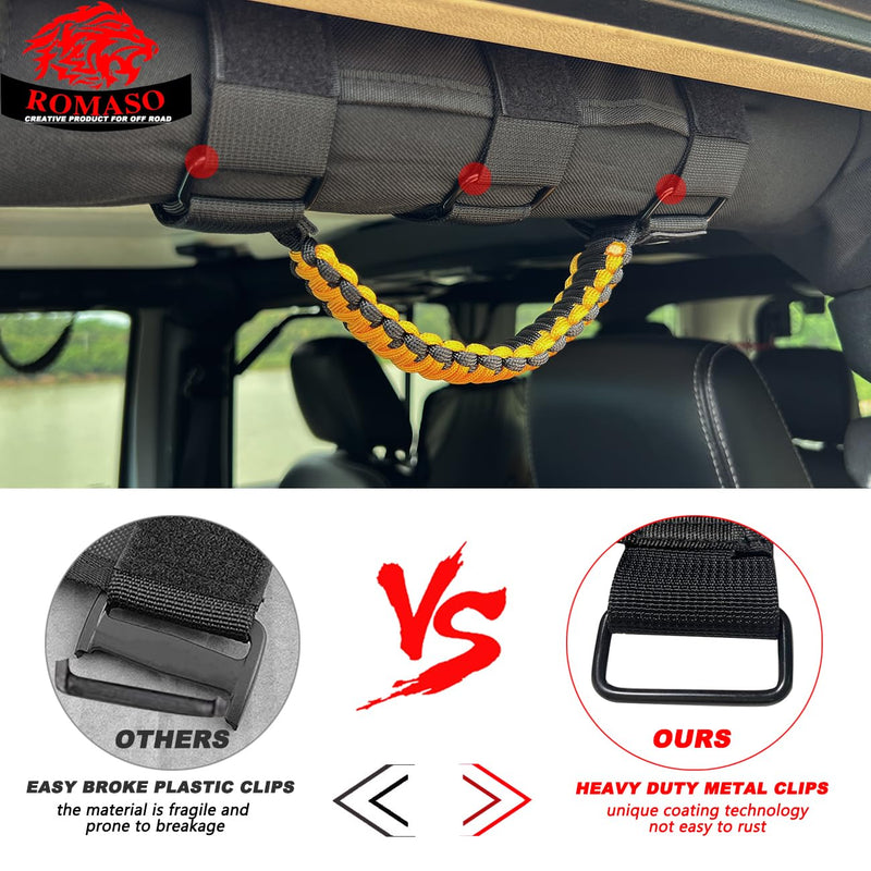 ROMASO Roll Bar Grab Handle for Jeep Wrangler,Grab Handle for Jeep Wrangler YJ TJ JK JL&Gladiator JT 1986-2025,Paracord Handles Grip,Black/Yellow,Pack of 2 Black&Yellow