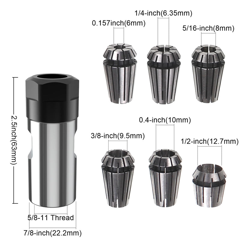 5/8"-11 Thread Angle Grinder Extension Shaft Set Electric Drill Conversion Collets Adapter Woodworking Tool Accessories Include Spring Collet (6, 1/4, 8, 9.5, 10, 1/2) 7PCS 5/8-11 Thread