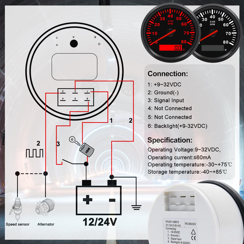 Geloo 85MM Boat RPM Tachometer - Waterproof Outboard Tachometer 0-8000RPM Tacho Meter for Car Truck Marine Diesel Gasoline Engine RPM Tacho Gauge 9-32V with LCD Hourmeter Red Backlight 8000RPM Black