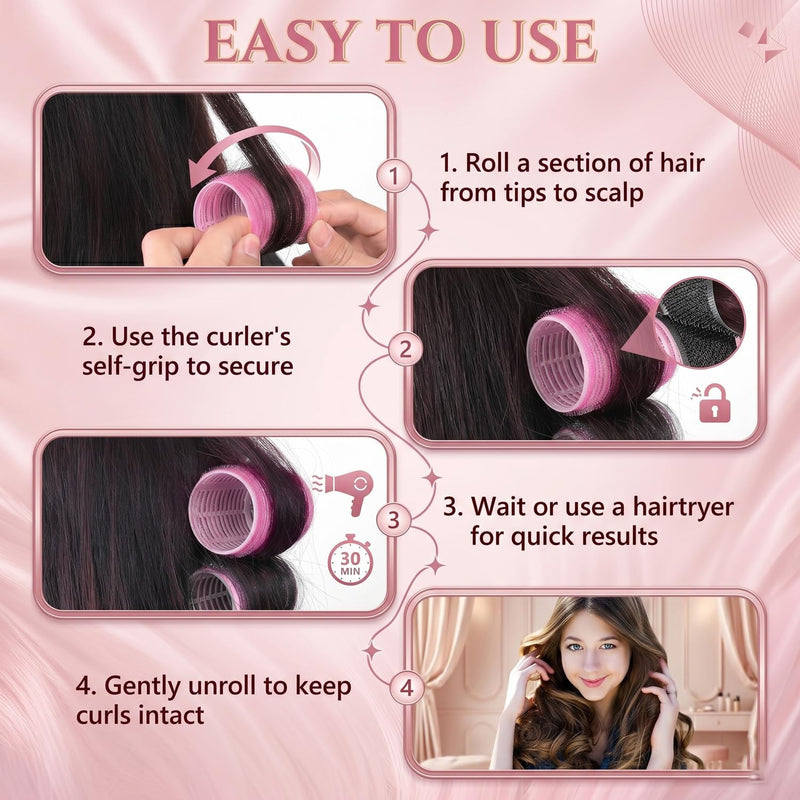 15 Pcs Nylon Hair Rollers, Rose Red Self-Grip Curlers, 4.4cm Diameter Styling Tools for Waves and Curls, Salon DIY Hairdressing Accessories