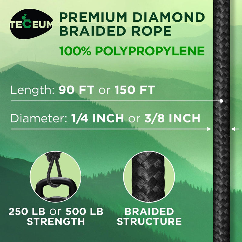 TECEUM Rope 1000lb – 1/4” & 3/8” – 90 FT | 150 FT – Strong All-Purpose Utility Rope – Camping, Crafting, Flag Pole, Indoor & Outdoor – Polypropylene Nylon Poly Lightweight Diamond Braided Cord – Black 1/4" - 90 FT (27.5M)