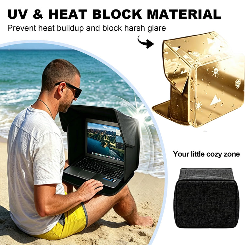 4-in-1 Laptop Sun Shade Hood,Screen Privacy Cover – Sun, Anti-Glare, Heat & Contrast Protection,Fits 13-17" Laptops, Freestanding with Pocket,Fits Working Outside,Travel, Beach Black 13in-17in