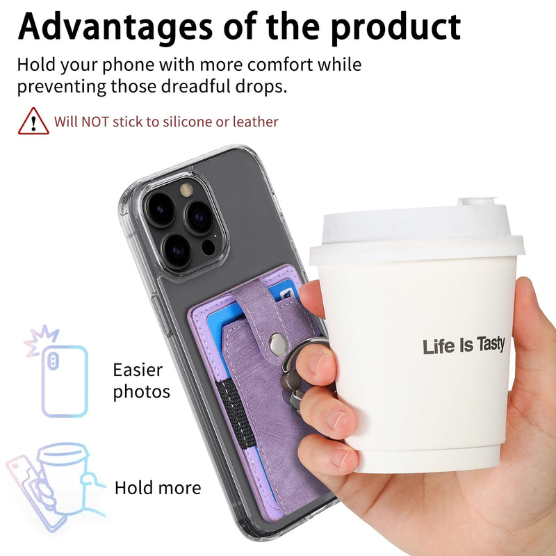 Cell Phone Card Holder with Ring Grip,Adhesive Phone Card Wallet,Purple | Holds up to 3 cards;360° ring works as grip and kickstand,Can be used on most phones or phone cases larger than 5.8 inches. Purple