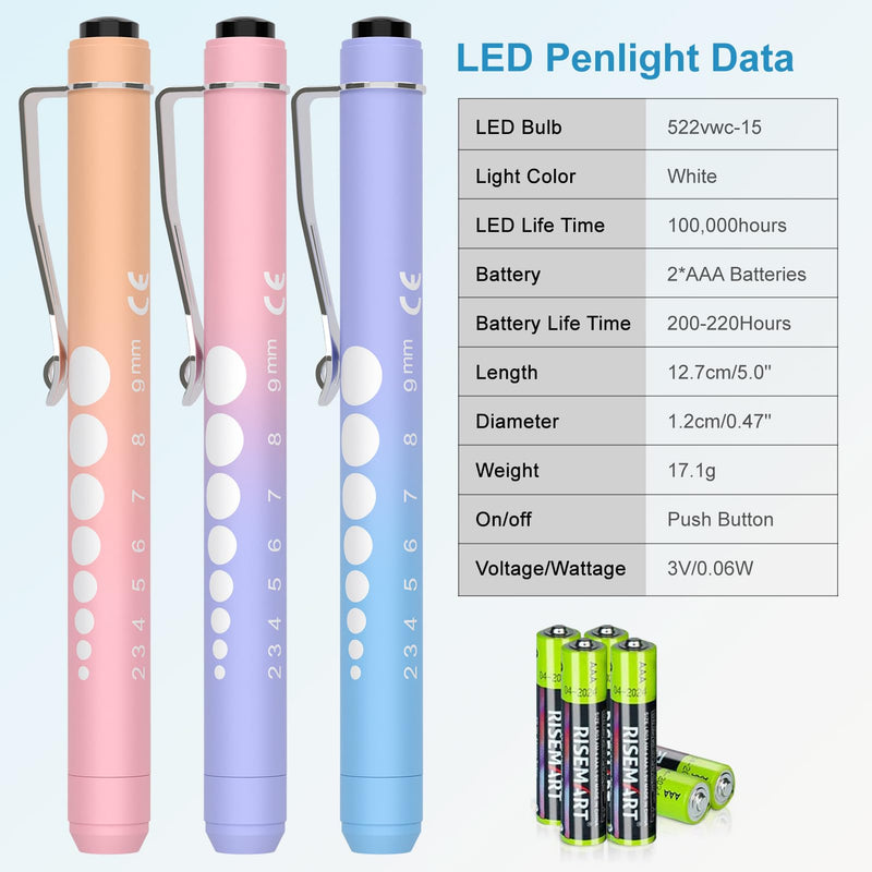 3 Pack Pen Lights for Nurses with 6 Batteries - Reusable Pen Light with Pupil Gauge and Ruler, Nurse Accessories for Work, Medical Penlights for Nursing Student Doctors EMT CNA (Gradient Pink Purple) Gradient Pink Purple