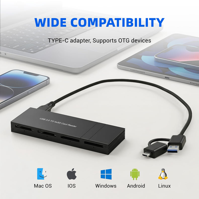 4-in-1 SD Card Reader, Memory Card Adapter with USB-C & USB-A Ports Cable, Simultaneous Read 4 Cards, SD Card Reader for Photographers and Content Creators 4SD