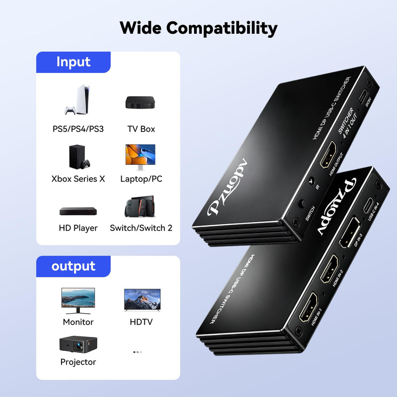 4 in 1 HDMI Switcher, 2×HDMI + DP + USB-C Input to HDMI Output Switch with IR Remote, 4K@60Hz Multi-Source Video Switch for PS5/PS4/Switch/Xbox/Laptop/Blue-ray Player to TV Monitor