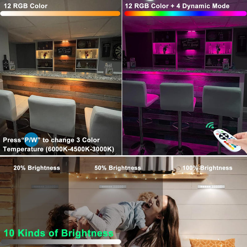 Under Cabinet Lighting Wireless Rechargeable Battery Operated LED Closet Lights Dimmable Under Counter Lights Bar with Remote, RGB Changing Perfect for Kitchen Bedroom Stairs, 4 Packs Remote Control Lights/ 4 Pack