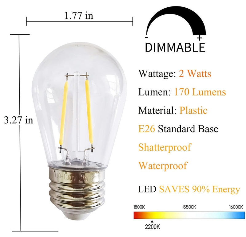 Rolay S14 Clear String Light Bulbs, 2W Plastic LED Replacement Bulbs for Outdoor Patio String Lights with E26 Base, Pack of 25 Led-clear