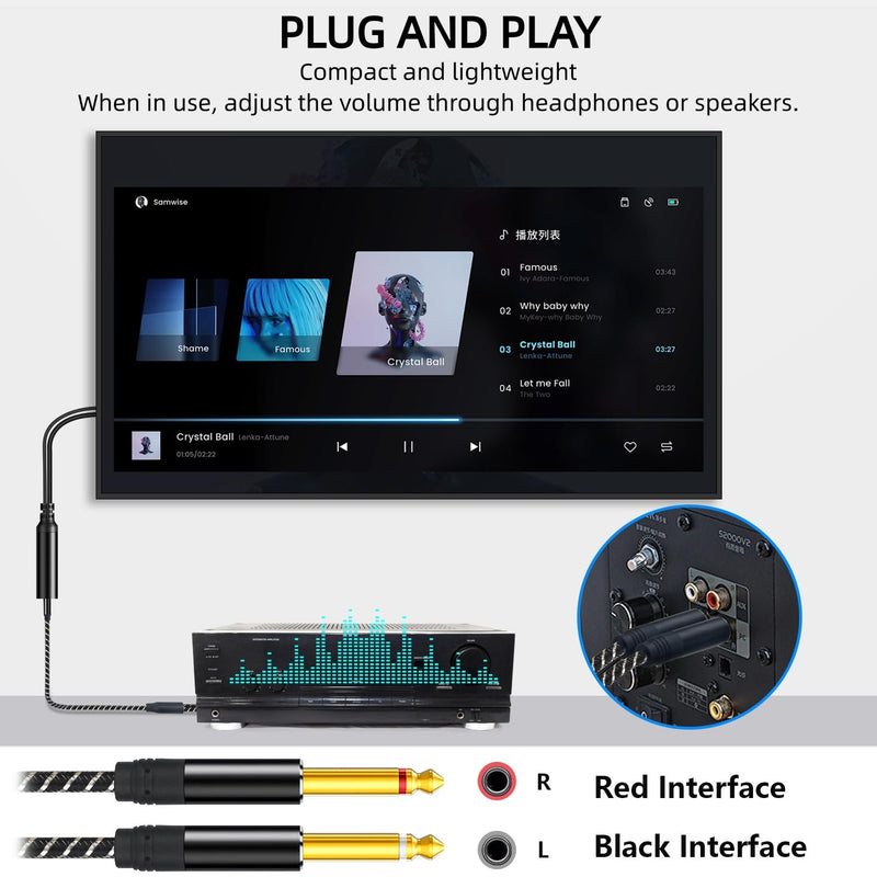 192KHz DAC Optical to Dual 6.35mm Converter,Optical Audio Cable to Dual 6.35mm 1/4" TS Mono Audio Adapter,Digital to Analog Audio Converter for HDTV,DVD,Set-top Boxes(O-ptical to 1/4" Only) Cable -6FT 6.FT