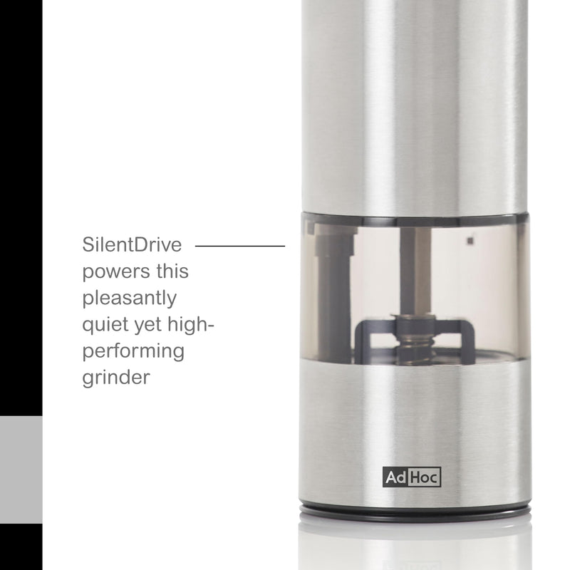 AdHoc Electric Salt & Pepper Grinder - One-Button Operation - Uses SilentDrive for Quiet Operation - Battery Powered - Mill with CeraCut Ceramic Grinders - Regular