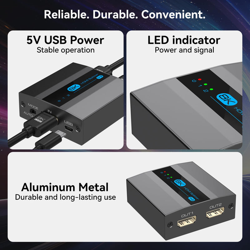 8K HDMI Splitter 1 in 2 Out 4k 120Hz HDMI 2.1 Splitter for Dual Monitors Support EDID Management HDCP 2.3 HDR 10 for Laptops PCs TV Boxes DVD Players PS5/PS4/PS3 black