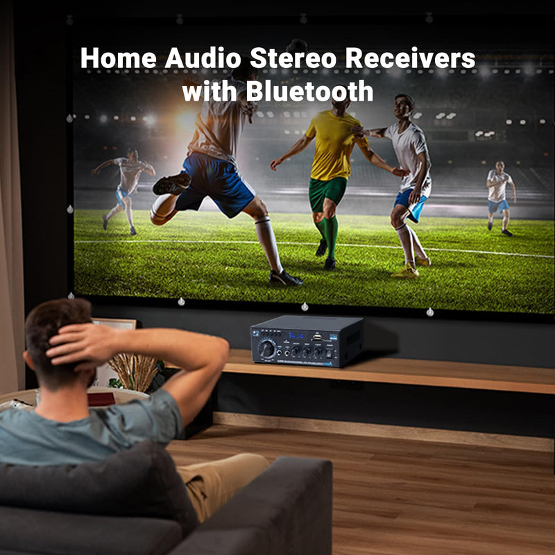 Bluetooth Stereo Receiver &Home Audio Amplifier, 300Wx2 2-Channel for Home Theater & Bookshelf Speakers, w/FM Radio Karaoke, w/USB/SD/RCA/MIC/FM in, with Remote Control, for Garage Bar Party