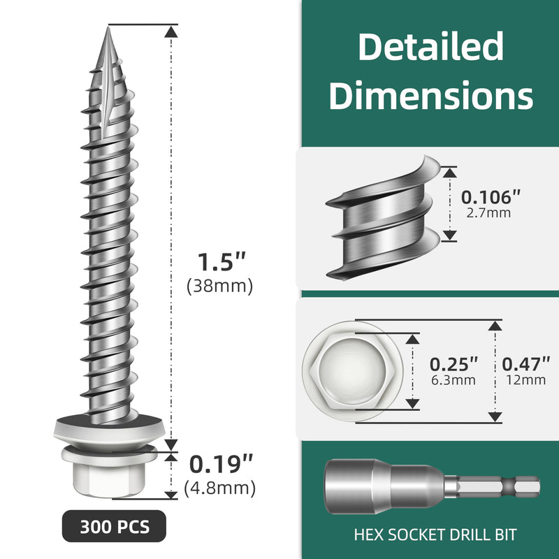 300Pcs #10 x 1-1/2 Inch Hex Head Metal Roofing Screws, WhiteCoated Hex Head Metal Roof Screws with Rubber Washer, Construction Self Tapping Screw with Hex Socket #10 x 1-1/2" White 300