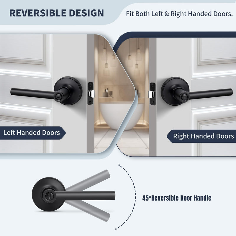 Round Style Door Handle with Privacy Locking, Privacy Reversible Door Lever for Bathroom or Bedroom Door, Matte Black Finish Privacy (Thumb Button Lock)