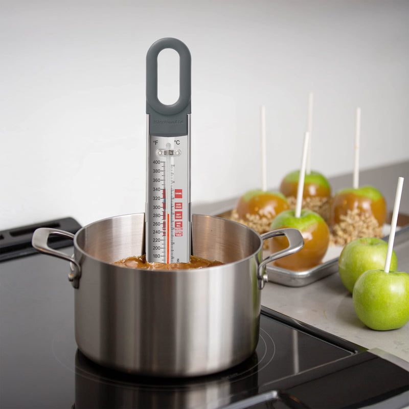 KitchenAid Curved Stainless Steel Paddle Style Candy and Deep Fry Thermometer with Pan Clip, TEMPERATURE RANGE 100F to 400F Charcoal Gray Adjustable silicone coated clip fits most cookware