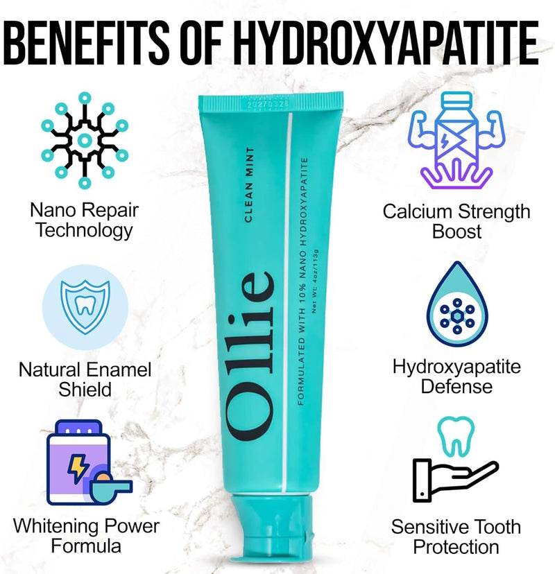 Ollie Clean Mint Nano Hydroxyapatite Toothpaste for Teeth Whitening, 10% Hydroxyapatite Formula, (Pack of 3, 4oz) 4 Ounce (Pack of 3)