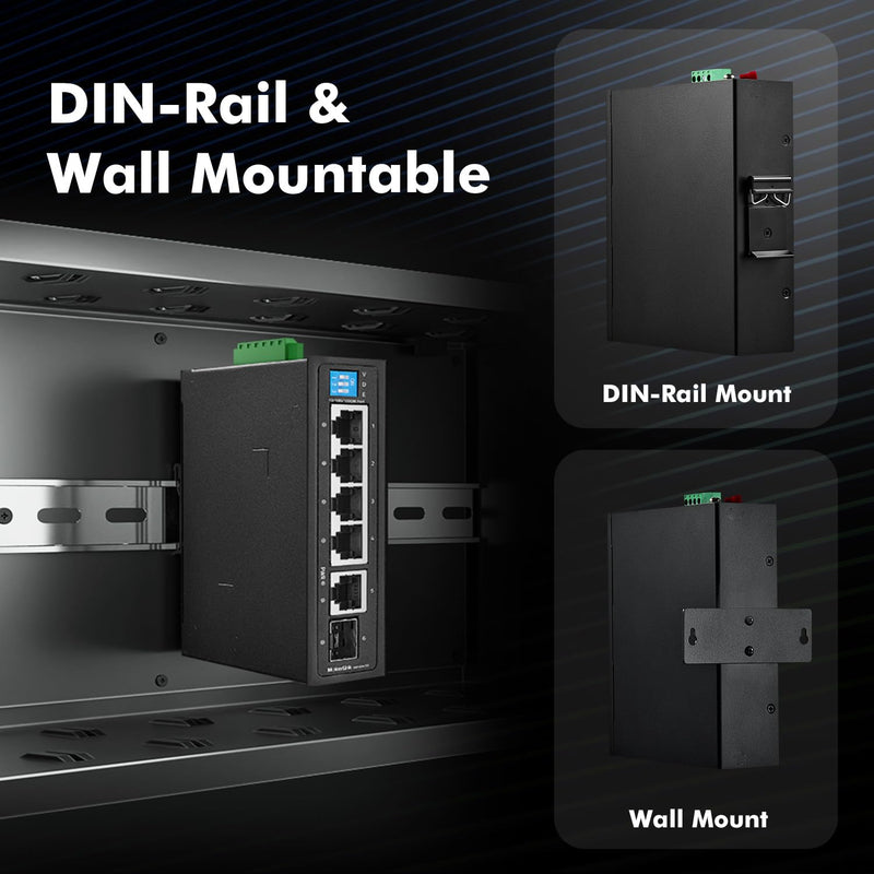MokerLink 6 Port Industrial Din Rail Gigabit Switch - 4 x 100/1000Mbps Ports, 1 Gigabit Uplink, 1 SFP - Metal DIN-Rail & Wall Mount Ethernet Switch 6*1G