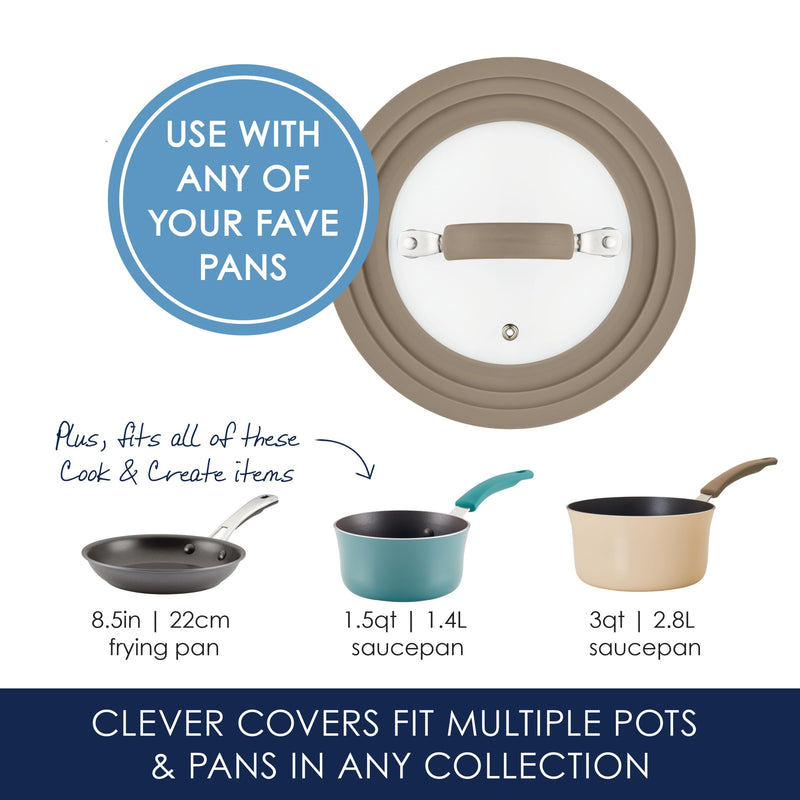 Rachael Ray Cook + Create Universal Silicone-Rimmed Glass Lid, 8.5-Inch, Taupe