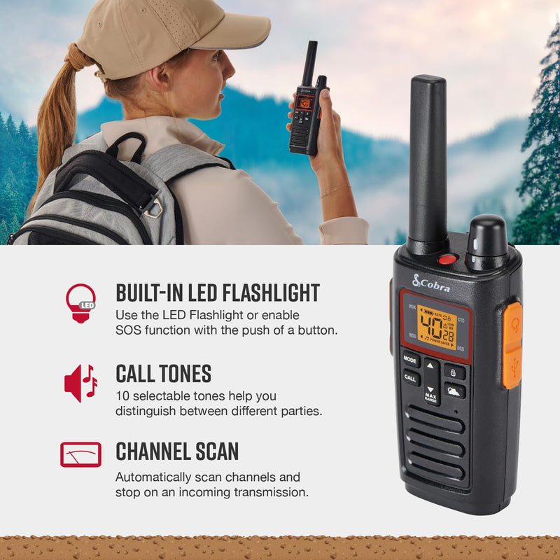 Cobra RX380 Walkie Talkies - Rechargeable, 40 Preset Channels, Long Range 32-Mile Two-Way Radio Set (2-Pack), Black Walkie Talkie